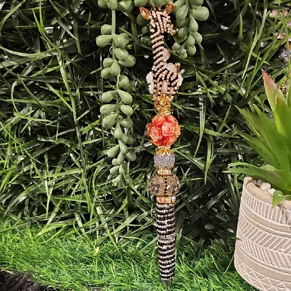 Sparkling Giraffe Coral Rose Crystal Rhinestone Beaded Pen